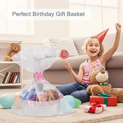 Image of COMSE Small Gift Basket Empty with Bag & Ribbons, Light Pink & White