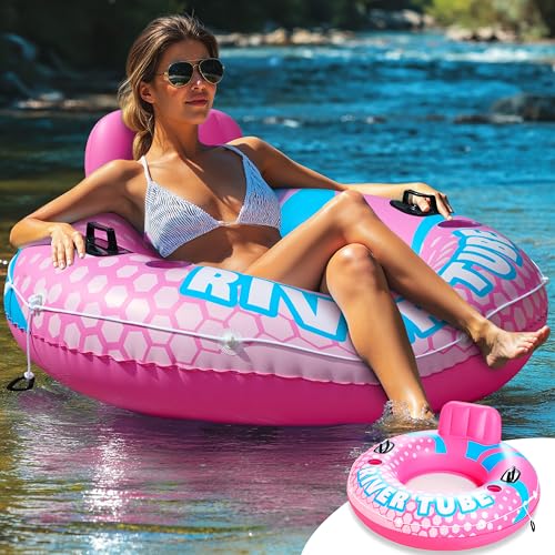 SLOOSH Inflatable River Tubes Float - Heavy Duty Pool Tube Floats for Adults Floating, Lake Floaties River Run Sports Fun, Large Raft Water Lounger with Cup Holders Mesh Bottom (53 inches, Pink)
