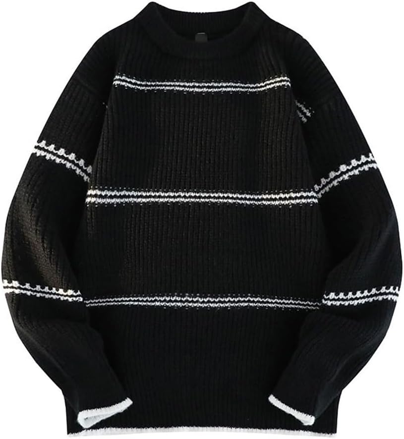 JSEIAJB Neck Clothes Men's Trendy Thick Knit Coat Striped Sweater Men's Autumn and Winter Loose Crew