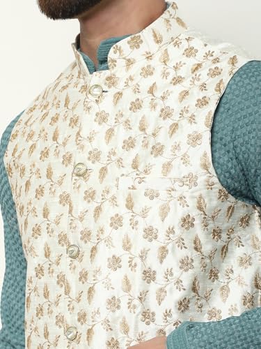 Image of SOJANYA (Since 1958 Men's Pure Cotton Sea Green Kurta and White Pyjama with Embroidered Cream Nehru Jacket
