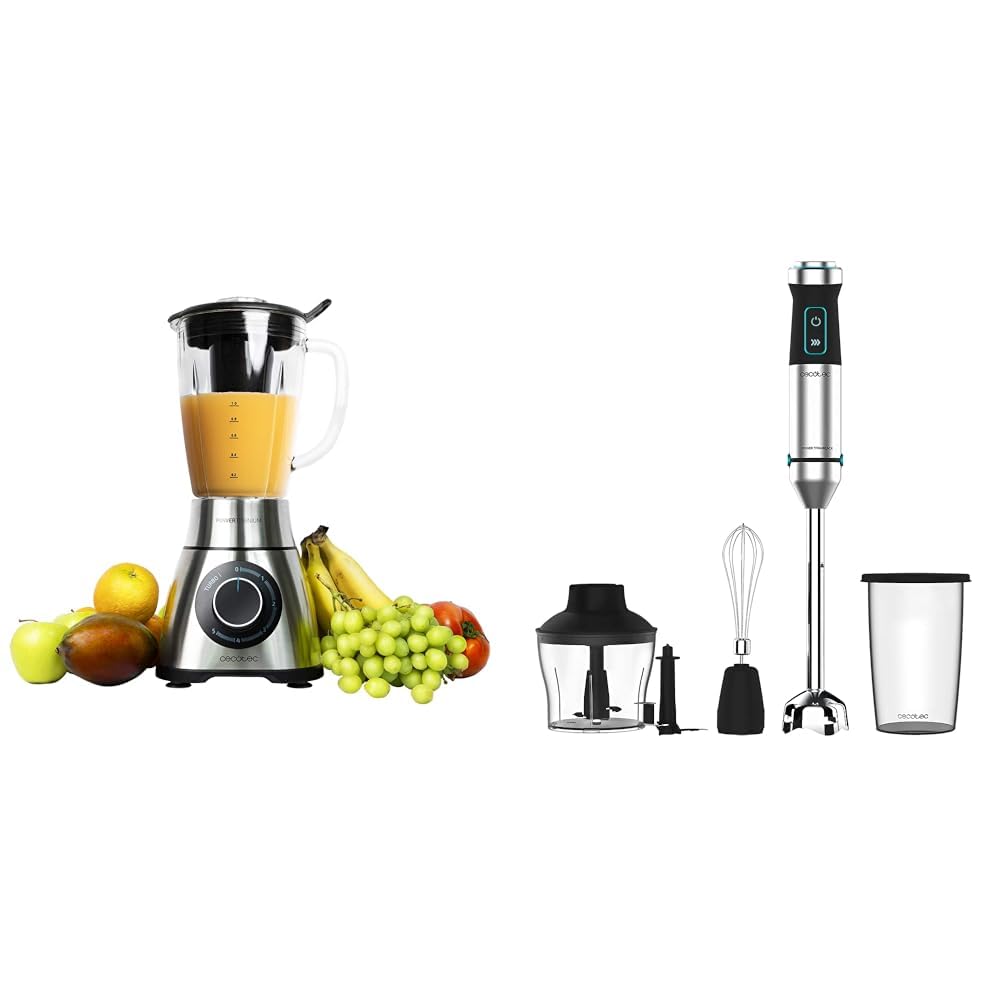 Cecotec Batidora de Vaso Power Black Titanium 2000MAX PerfectMix. 2000W Máxima Potencia & Batidora de mano Power TitanBlack 1500 XL Cream&Crush. Potencia 1500 W, Cuchilla 4 hojas