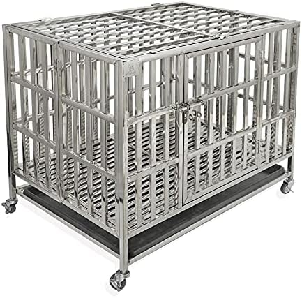Confote 37” Heavy Duty Stainless Steel Dog Cage Kennel Crate and Playpen for Training Large Dog Indoor Outdoor with Double Doors & Locks Design Included Lockable Wheels Removable Tray No Screw