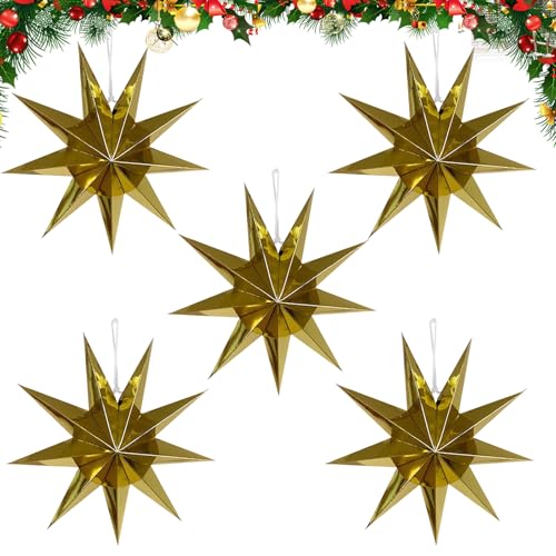 TENGWA 5 Piezas Estrella de Papel Colgable Dorado 30 cm Estrellas Papel Navidad Plegable Decoraciones Ideal para Mesas de Comedor Ventanas Habitaciones Bodas Fiestas de Cumpleaños San Valentín