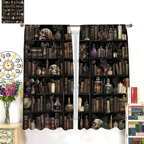 Tikrbmlb Gothic Library Book Blackout Curtains, Retro Bookshelf Skull Floral Candles Home Decor Rod Pocket Window Drapes For Living Room Bedroom- 2 Panels 45 Inch L X 42 Inch W thumb #2