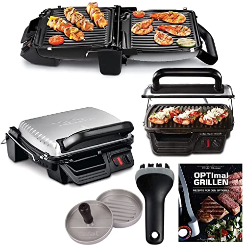 Tefal 3in1 Elektrischer Kontaktgrill, Überback-Funktion und Tischgrill/BBQ Aufklappbar mit doppelter Grillfläche + Hamburgerpresse + Good Grips Grillbürste + Rezeptheft, Antihaft Grill Platten 2000W