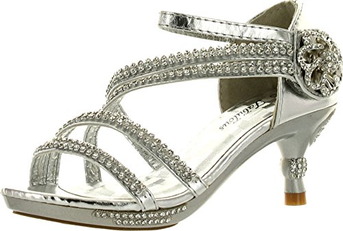 Fabulous Glamour-28 Kids Silver Rhinestone Flower Sparkling Bling Heel Designed Dress Sandals-2