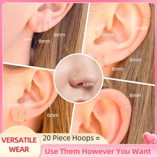 20PCS 14K Gold Plated Hoop Earrings Set for Women - Featherweight Ultra-Thin 20G | Nickel-Free Surgical Steel, Non-Tarnish | Minimalist Stackable Earrings for Sensitive Ears (No Clasp)2
