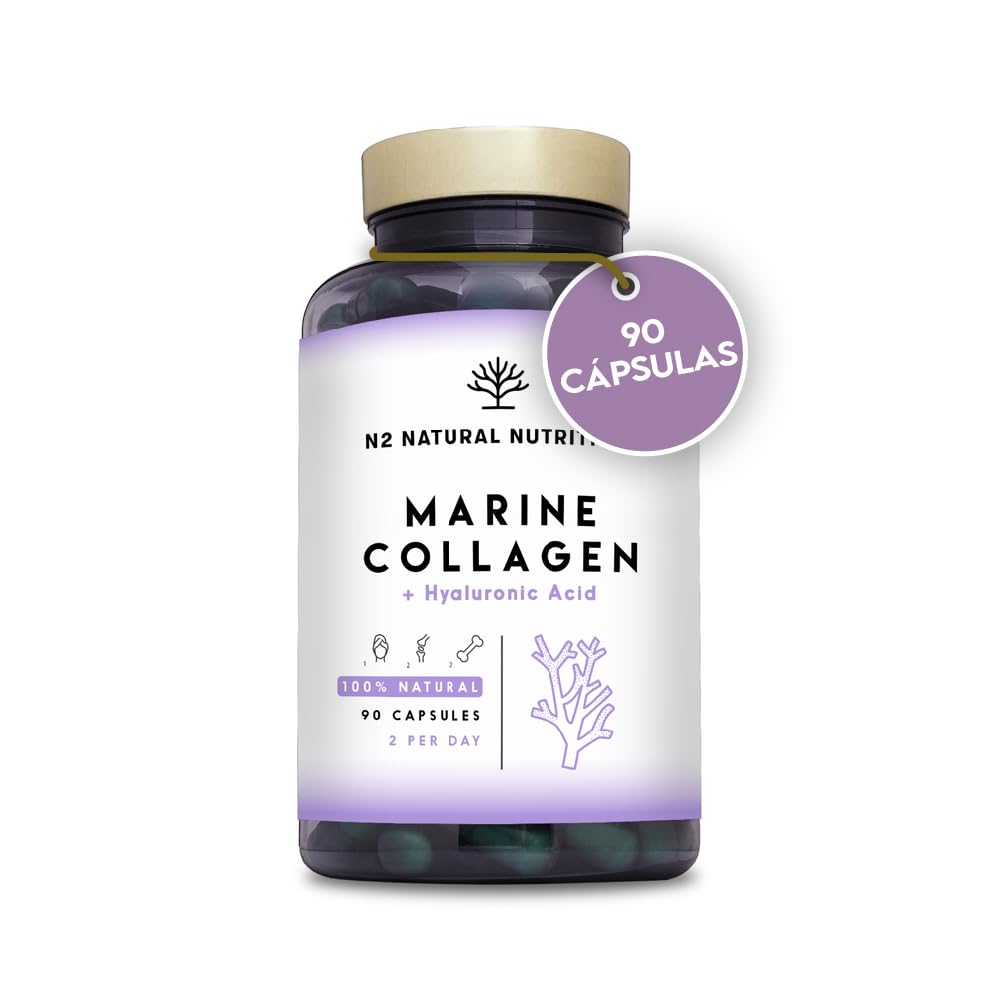 Colageno Marino Hidrolizado Puro. Peptan. Con Ácido Hialurónico y Vitamina C. 90 Caps. Alta Concentración. Suplemento Articulaciones, Piel y Huesos. Colageno con Magnesio. N2 Natural Nutrition
