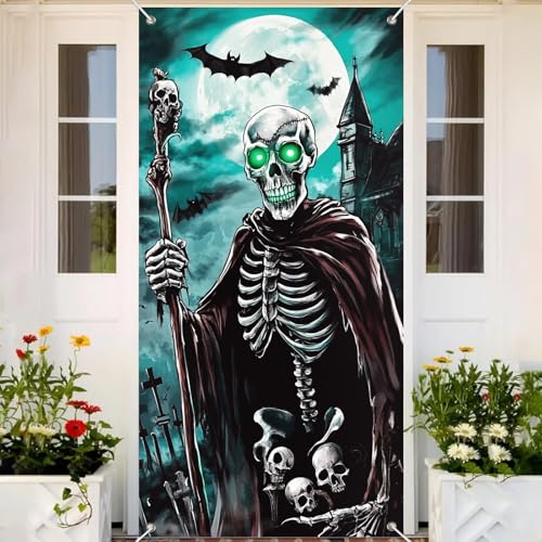 Image of BlissYard Halloween Door Cover Skeleton Moonlight 35x71 Inch Polyester | Door Banner, Wall Decor | Skeleton Entry Accent, Moonlight Backdrop | Porch, Hallway, Party (Spooky Art)
