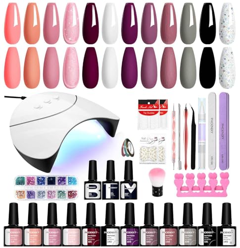 PHOENIXY Kit Unghie Gel Completo, 12 Colori, Lampada UV/LED 36W, Accessori, Set Unghie Semipermanente Professionale