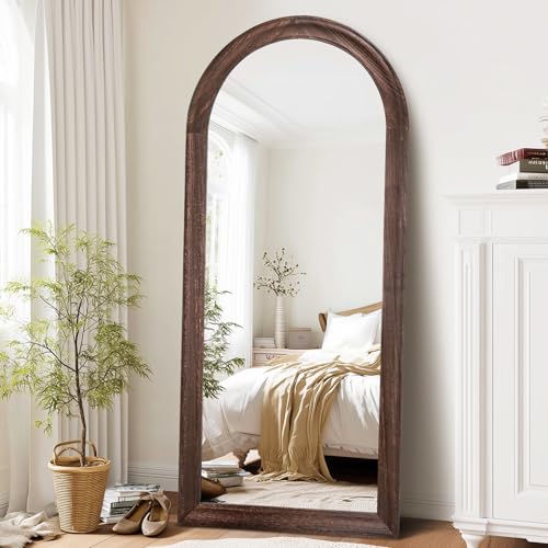 Image of 71x32 Solid Wood Arched Full Length Mirror, Elegant Brown Finish