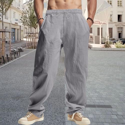 Mens Linen Pants Baggy Casual Trousers Straight-Legs Elastic Waist Drawstring Beach Summer Pants with Pockets2