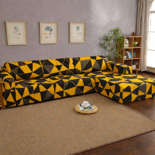 Image of Gifts Island Premium 160GSM Super Soft Yellow Prism Stretchable Sofa Cover L Shape 6 Seater Fully Covered | Suitable for Both Left and Right Side Chaise Sofa (Yellow Prism, 3+3 Seater)