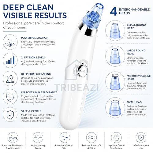 Image of 4-in-1 Electric Blackhead Remover Vacuum | Derma Suction Pore Cleaner Tool for Men & Women | Acne, Pimple & Whitehead Extractor | Facial Skin Care Device for Nose & Face (White)