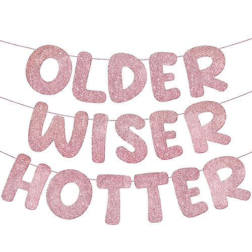 Image of Fulmoon Set of 3 Pre Strung Older Wiser Hotter Glitter Banner Funny Birthday Banner for Women 30th 40th 50th 60th 70th 80th Birthday Party Decorations Sign Gift(Rose Gold)