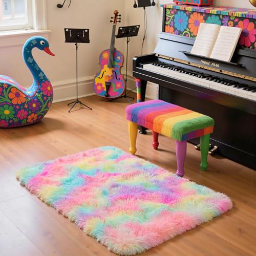 Zentavio Bedside Rugs Small 2x3 Shag Entry Entrance Rugs Soft Girls Bedroom Carpet Area Rugs for Dorm College Essentials Non-Slip Living Room Throw Rug Home Decor Aesthetic Nursery Rainbow