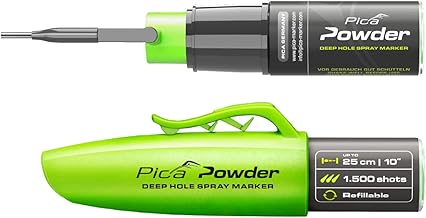 Pica Powder® Deep Hole Spray Marker PICA2020. Holes from 3mm & Marks Through Upto 25cm. High-Vis Green Chalk. Refills for Long-Term use-1500 Shots lifespan. 1 Handed Spray Action. 360° Spray Nozzle.