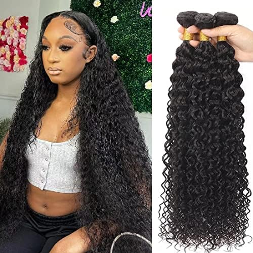 Brazilian Virgin Human Hair Bundles Water Wave(26 28 30 Inch)100% Unprocessed Human Hair 3 Bundles Wet and Wavy Hair Bundles Hair Extensions for Black Women Natural Color
