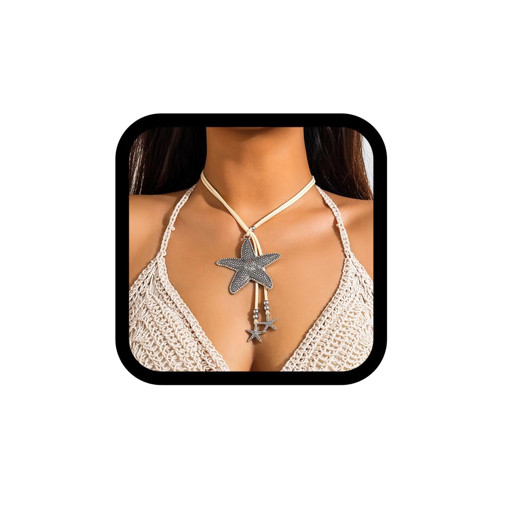 Fashband Collar con colgante de estrella de mar, collar de plata bohemia, collar de perlas para mujer, Acero aleado