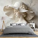Murale Da Parete Con Scultura 3D In Rilievo Raffigurante Una Donna Con Un Cappello Largo 450 × 315 Cm In Tessuto Non Tessuto Lussuoso Color Crema Con Statua Vintage In Gesso Grande Decorazione Arti