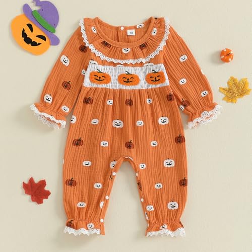 Newborn Girl Halloween Baby Clothes Pumpkin Bubble Onesie Lace Romper Doll Collar Jumpsuit Infant Fall Outfits2