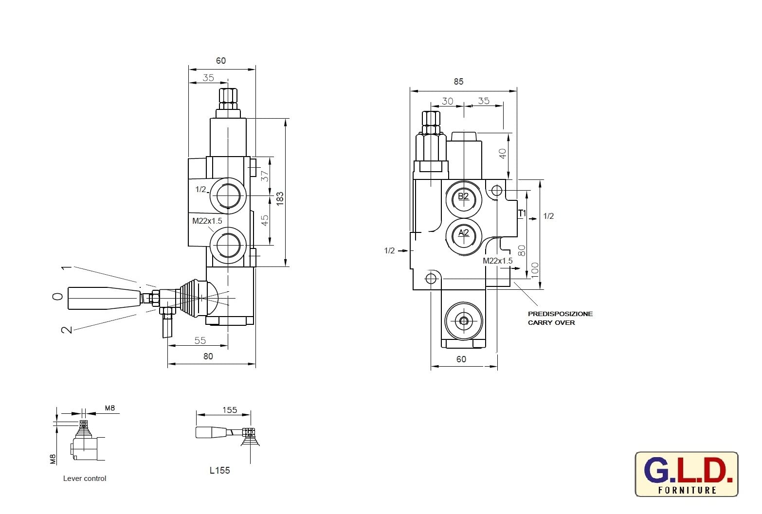 Distributore oleodinamico per trattore 1 leva doppio effetto 3/8" 45 Litri 300 bar completo di innesti rapidi nero e verde e viti di fissaggio