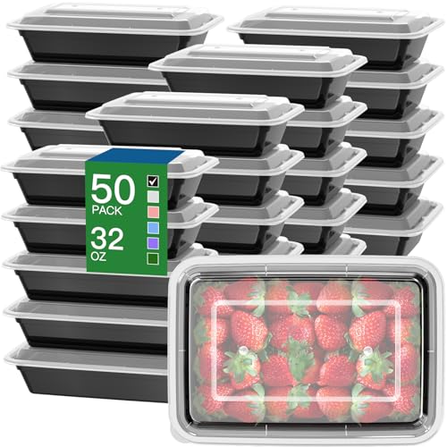50 Pack (100-Piece) 32 oz Meal Prep Containers Reusable with Easy Open Lids, Sturdy Leakproof Food Safe, Microwave Freezer Dishwasher Safe, To Go Take Out Plastic Food Storage Pans with Lids, Black