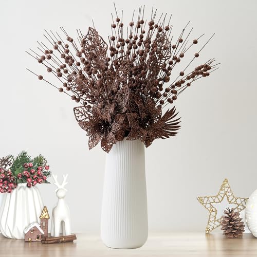 CristBest 24 Pack Christmas Tree Ornaments - Artificial Flowers Glitter Berry Stems Christmas Floral Picks Branches for Xmas Tree Decorations Vase Filler Holiday Wedding Party Home Decor (Brown) - image 4