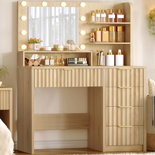 Image of FIONESO Vanity Desk with Mirror and Lights, Makeup Vanity with 5 Drawers & Storage Shelves, 3 Color Modes & Adjustable Brightness, Fluted Vanity for Girls, Natural