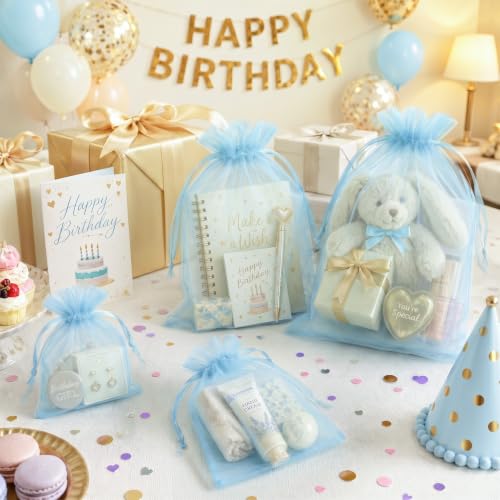 Image of FUNFERY 100PCS Baby Blue Organza Gift Bags 5x7in,Drawstring Jewelry Pouch