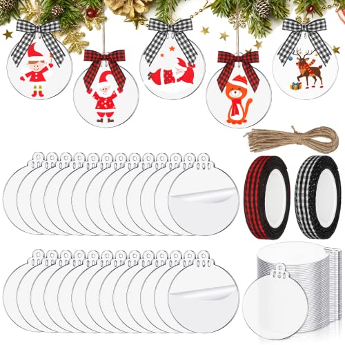 Marsui 30 Pieces 3 Inch Acrylic Christmas Ornament Blanks Clear Acrylic Christmas Ornaments Blank Circle Disc with Hole Transparent Tags Rolls Ribbons(Classic Plaid Color,Cute Style)