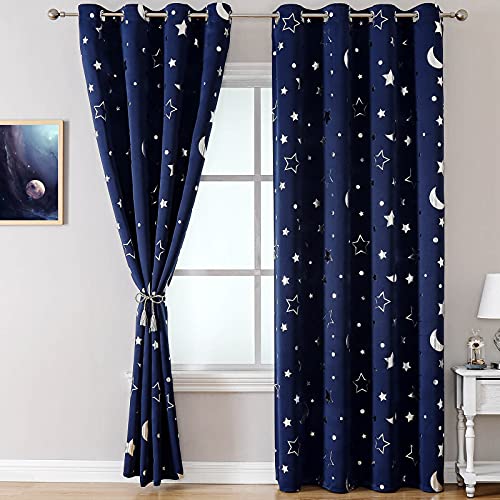 Wubodti Navy Blue Nursery Blackout Curtains For Boys 2 Panel Sets, Space Theme Star Kids Curtains Room Darkening Noise Cancelling Window Drapes Coverings For Bedroom Living Room, 42 X 84 Inch #TOP6