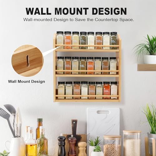 Image of 3-Tier Bamboo Spice Rack, Wall Mount & Countertop Spice Organizer
