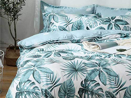 Tropical Quilt Cover Set, Aqua Turquoise Palm Leaf Doona Cover Set, 3pcs Tropical Plant Quilt Cover Set (King Size)