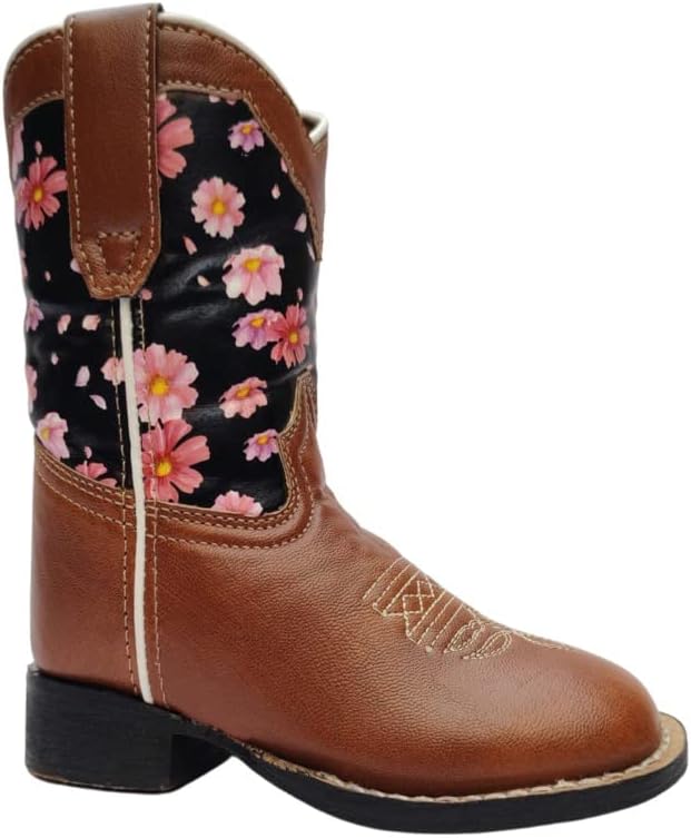 TuffRider Children's Pinnacles Square Toe Western Boot- Brown Floral-With Free Assorted Striped Socks
