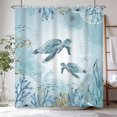 Kzzfqxb Kinder Duschvorhänge 90x183cm, Meerestiere Meeresschildkröten Seepferdchen Korallen Unterwasserwelt wasserdicht Polyestergewebe mit Kunststoffhaken, hellblaue Badezimmer Dekoration