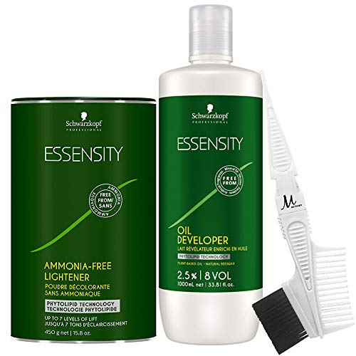 Essensity 2.5% 8 Volume Oil Developer 1 Liter, Essensity Ammonia-Free Bleach Lightener 450 Grams, And M Hair Designs Tint Brush/Comb (Bundle 3 Items) #TOP15
