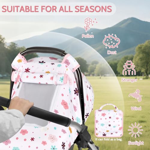 Image of Pea Pod Car Seat Cover Baby, Infant Car Seat Canopy Covers with 2 Layers Windows of Breathable Mesh Fabric, Lightweight Polyester, Soft Minky Dot Backing (Floral Pattern)