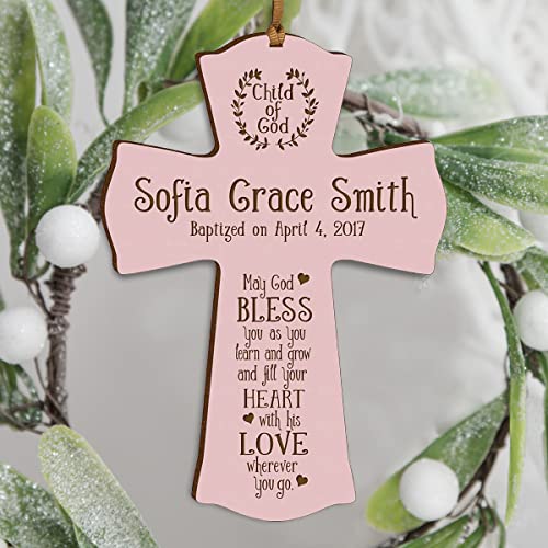 Image of LifeSong Milestones Pink Wooden Wall Cross: Family Celebrations Baptism, Christening, and First Communion - Religious Keepsake for Baby Girls - Baptism Gifts, Favors, and Decorations