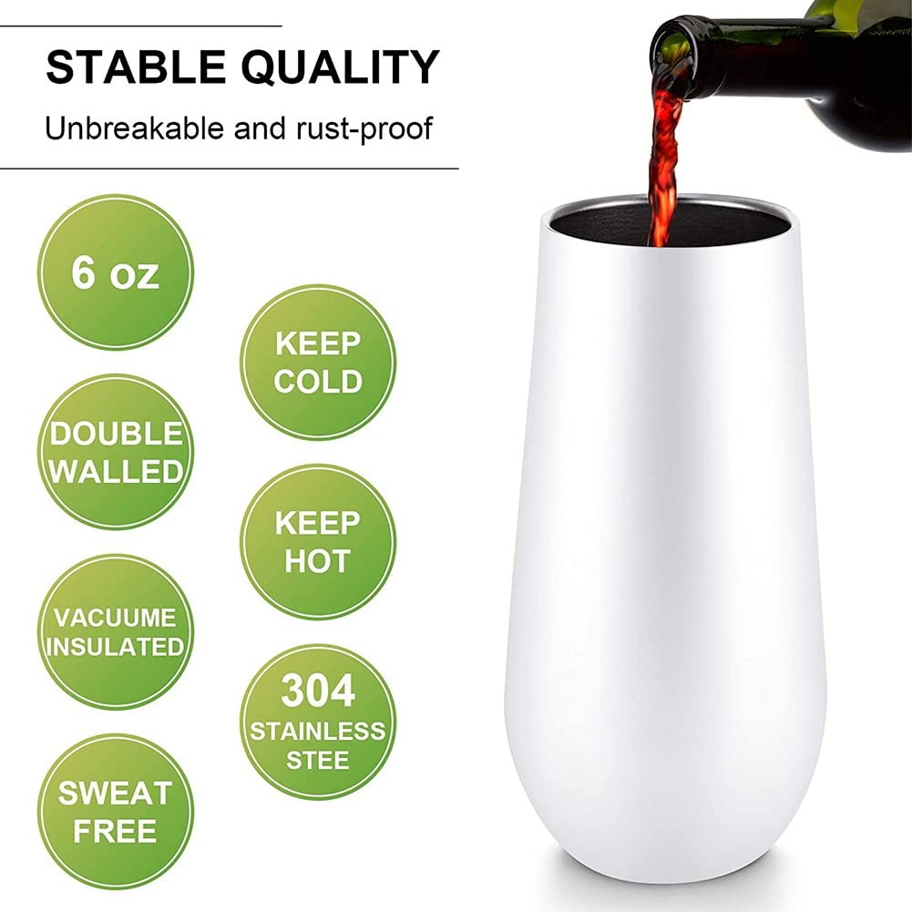 Paquete de 8 Vasos de Vino con Flautas de ChampáN Sin Tallo, Vaso de Vino de Doble Aislamiento de 6 Onzas con Tapas, Copas de CóCtel, Color