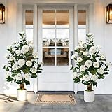 2 Pcs Artificial Camellia Tree, 38' Artificial Tree Plants Outdoor Faux Plants in Pot, Artificial Flower for Outdoors Front Porch Decor, Greenery Faux Fake Tree Plant for Indoor Outdoor Home Decor
