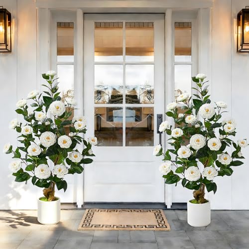 2 Pcs Artificial Camellia Tree 38 Artificial Tree Plants Outdoor Faux Plants in Pot Artificial Flower for Outdoors Front Porch Decor Greenery Faux Fake Tree Plant for Indoor Outdoor Home Decor