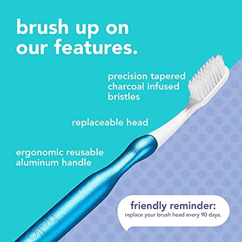 Hello Manual Adult Toothbrush With Reusable Blue Modern Aluminum Handle & 4 Soft Replacement Heads, Bpa-Free, 4 Count #TOP3