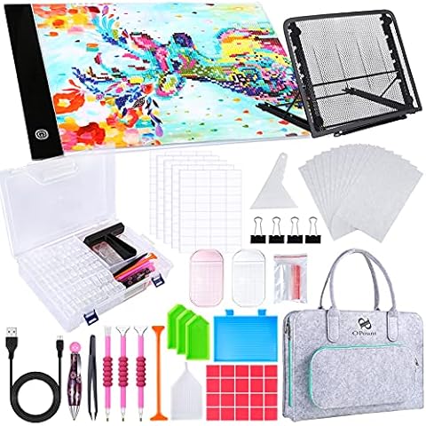 PP OPOUNT 170 PCS A4 Diamond Art Led Light Pad Kits, 3-Level Adjustable Light Board with 80 Grids Diamond Box, Felt Hand Held Bag, Stand and Diamond Art Tools for Diamond Art Cover