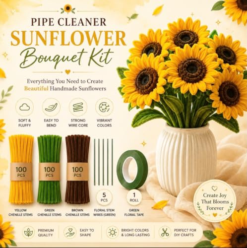 Image of RUHANI 300 Pieces Pipe Cleaner Sunflower Bouquet Kit, Chenille Flower Craft Set