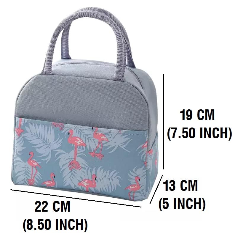 Image of Insulated Lunch Bag for Office, School, Men, Women, Hot & Cold Lunch Box, Tiffin Pouch (Grey Flamingo Lunch Bag (Half Print))