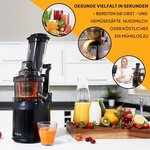 Entsafter Gemüse und Obst – Fruchtsaftpresse Elektrisch Slow Juicer – Saftpresse Kaltpresse für ganze Früchte mit 75mm Öffnung, Edelstahl Sockel, 240W, Spülmaschinenfest, BPA-Frei, Schwarz – Bild 6