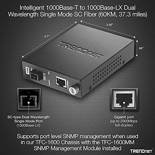 Image of TRENDnet Intelligent Fiber Media Converter 1000Base-T to 1000Base-LX Dual Wavelength Single Mode SC Fiber (60 km / 37.3 miles)Fiber to Ethernet Converter, RJ-45 Port,Lifetime Protection, TFC-1000S60D3