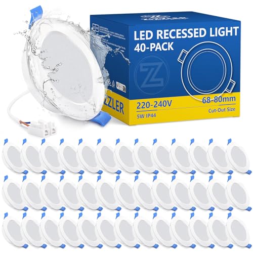 ZIZZLER 40er Set LED Einbaustrahler Spots 230V Flach 68-80mm Lochmaß, Kaltweiß Deckenspots, IP44 Einbauleuchten für Badezimmer Feuchtraum, 5W 6000K Einbauspots für Küche Schlafzimmer Wohnzimmer