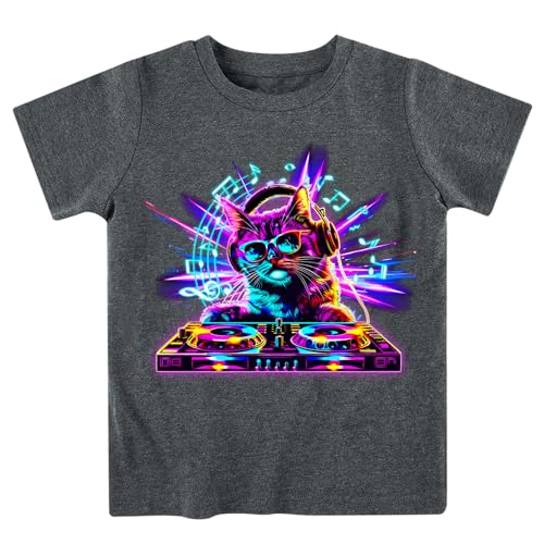 Funnycokid Toddler Boys Shirts Size 5 6 T-Shirts Kids Tops Tees Graphic Short Sleeve Gray Neon Cat 5-6 Years - image 1